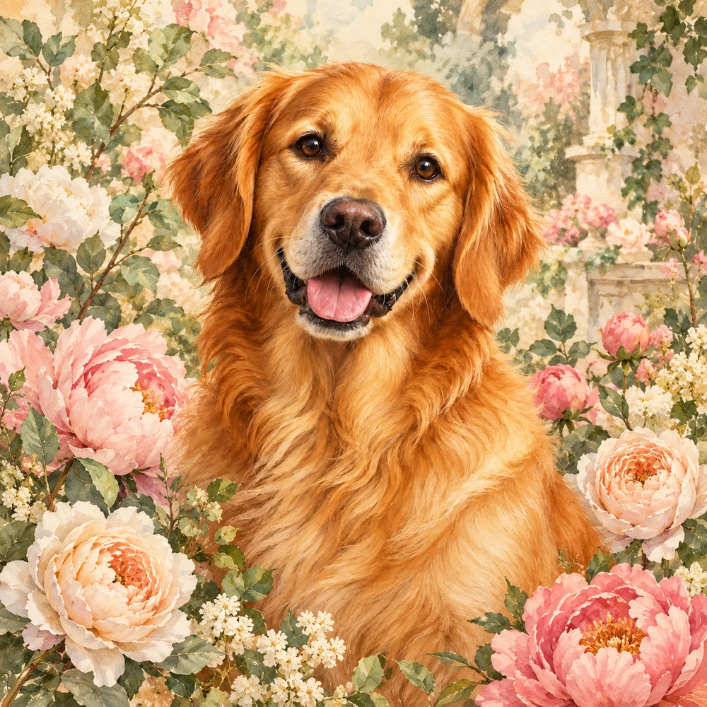 Exemplu de portret floral cu un golden retriever