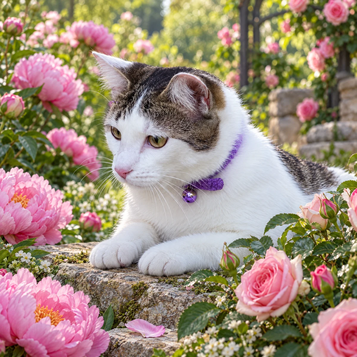 Portret AI floral cu o pisică albă și tigrată